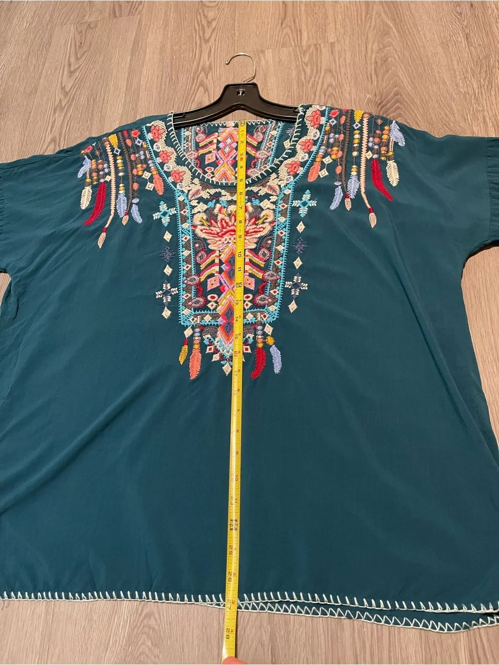 Embroidered Boho Tunic Top Deep Teal xl